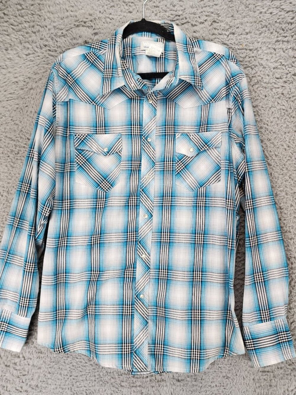 Wrangler Shirt Mens Medium Wrancher Blue Plaid Long Sleeve Pearl Snap Western